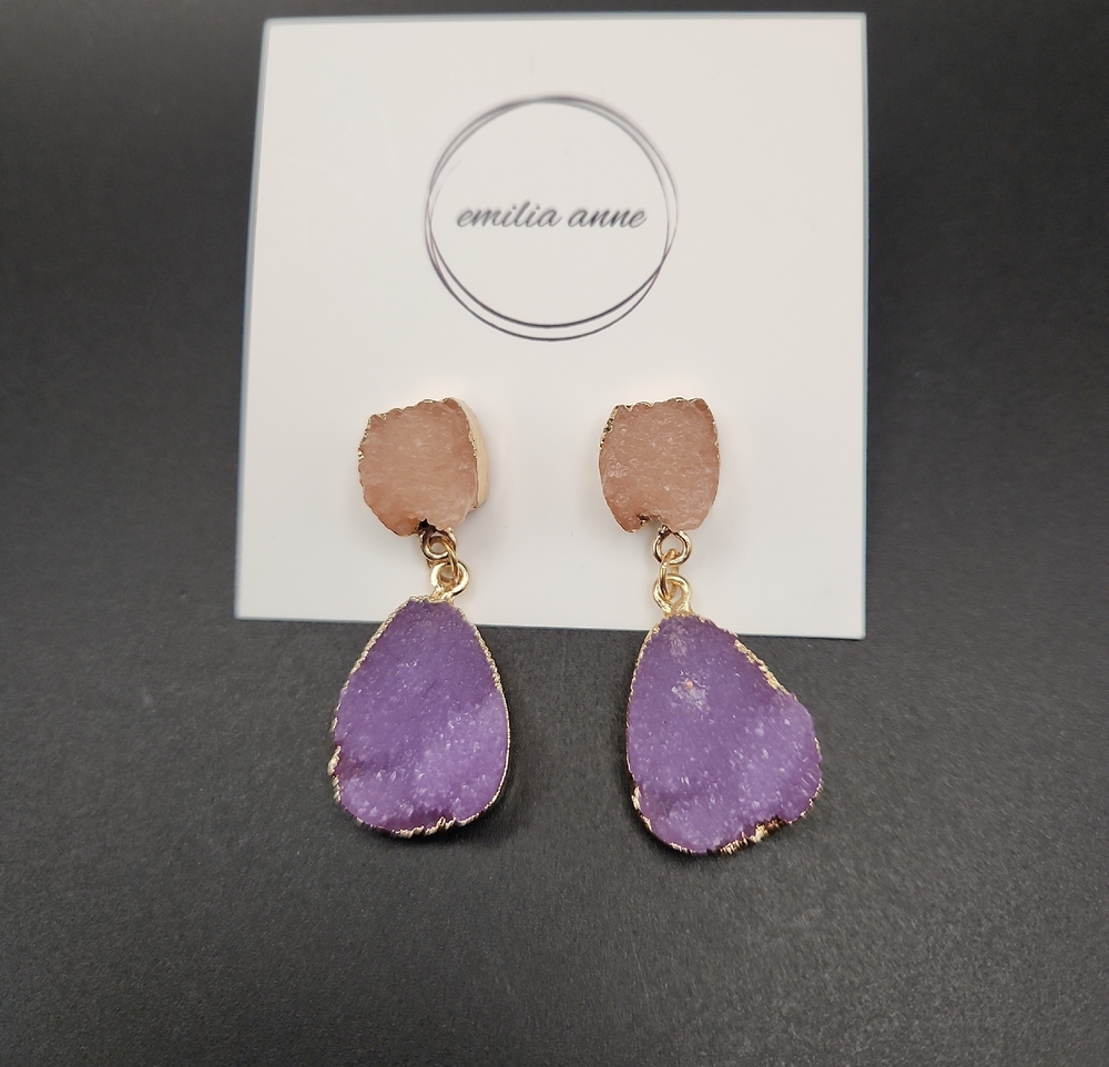 Emilia Anne Purple and Blush Druzy Drop Earrings New
